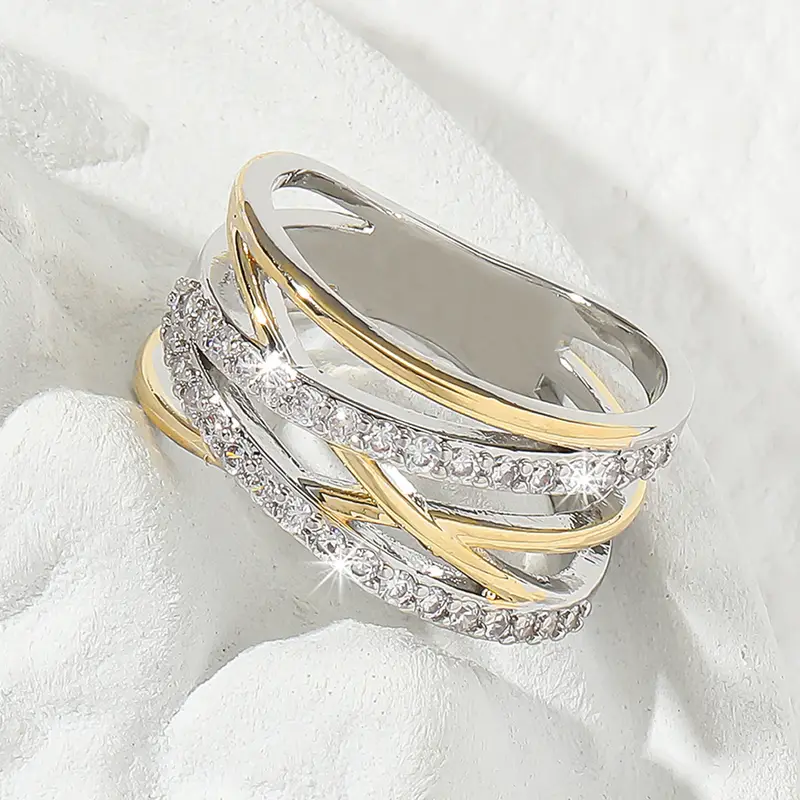 Two-Tone Crossover Band Ring With Zirconia