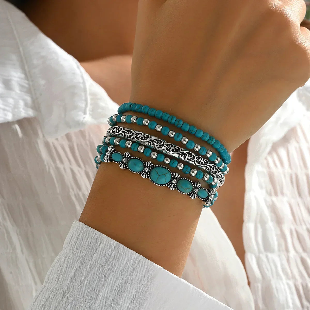Set Of Bohemian Turquoise Bead Bracelets
