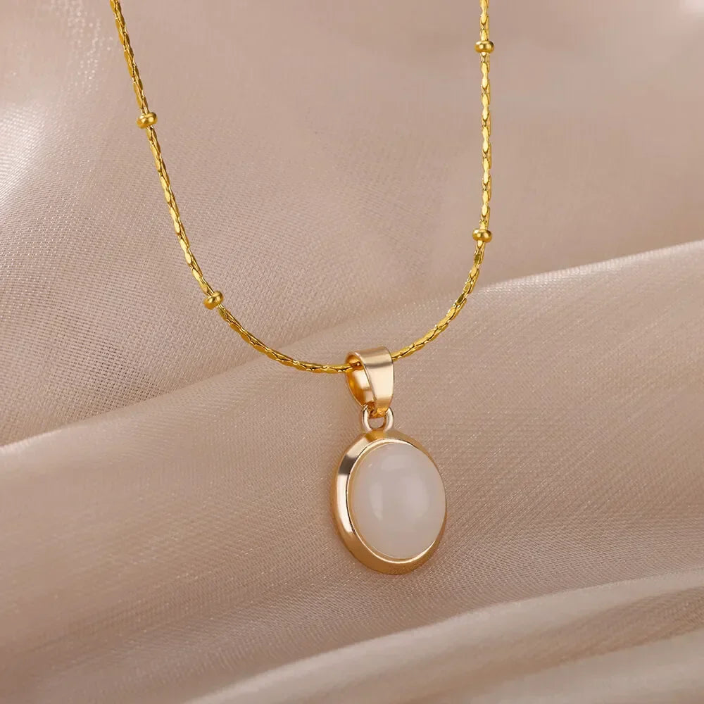 Chic Gold-Tone Stainless Steel Necklace With Teardrop Opal Pendant