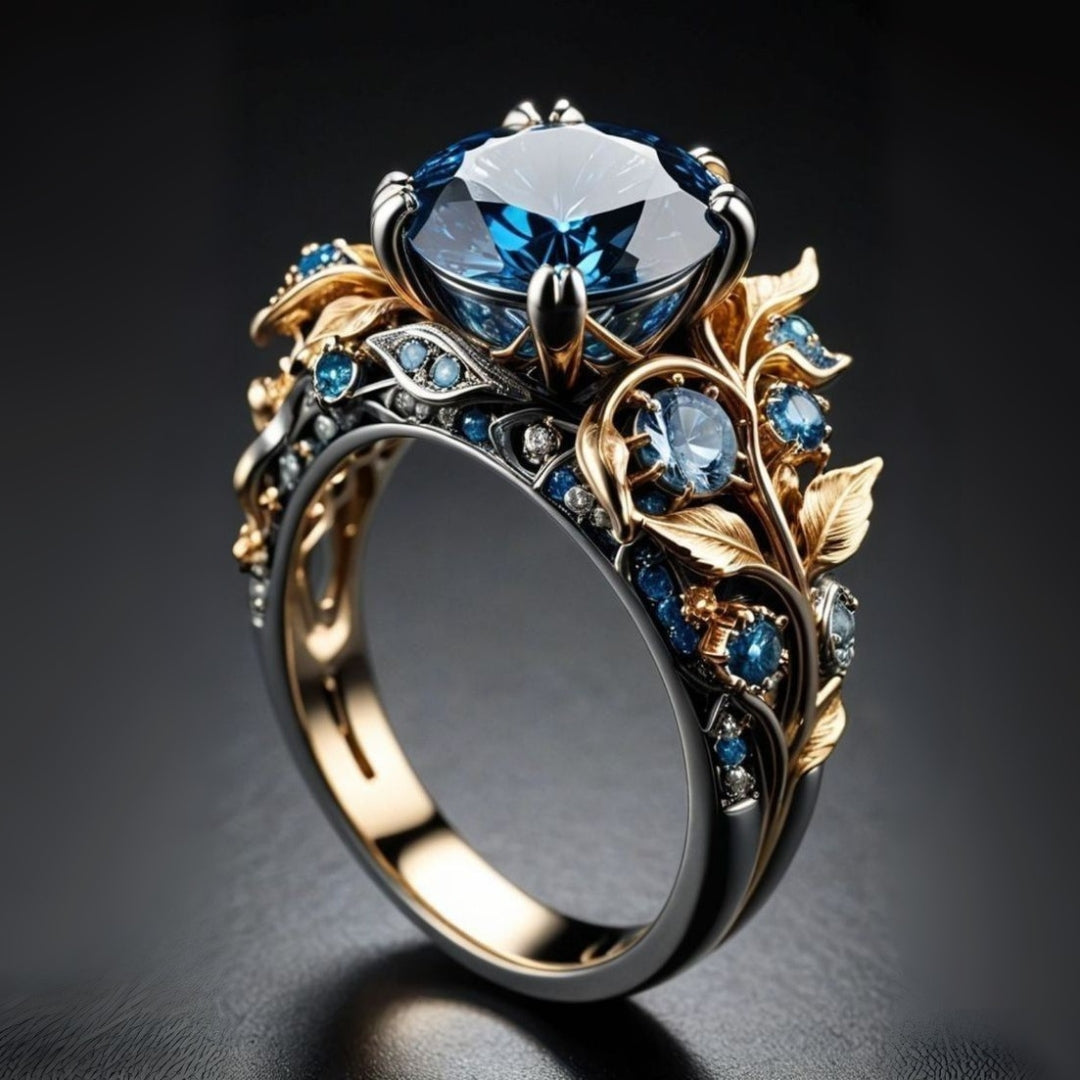 Bague exotique fleur avec cristal bleu